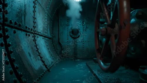 Eerie Steaming Industrial Submarine Compartment with Flooded Water and Valve