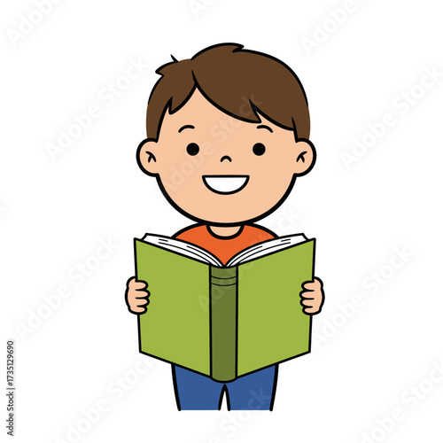 Happy smiling boy reading a book outdoors – joyful childhood learning and education concept illustration