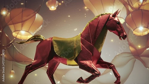 A decorative, stylized horse figure, possibly made of paper or fabric, is suspended amongst glowing lanterns and swirling, dreamlike elements.