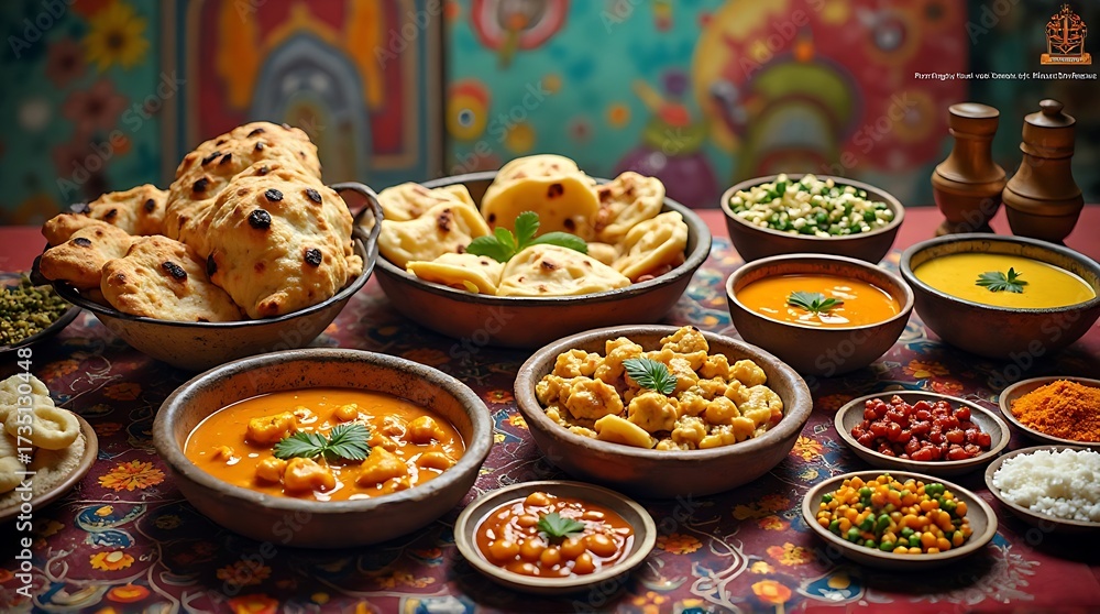 Fototapeta premium Vibrant Indian Feast with Assorted Curries, Flatbreads, and Spices