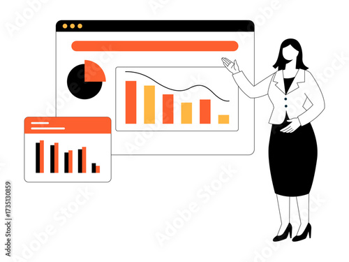 Businesswoman stands up while presenting a product that keeps declining. Businesswoman illustration. Flat vector illustration.