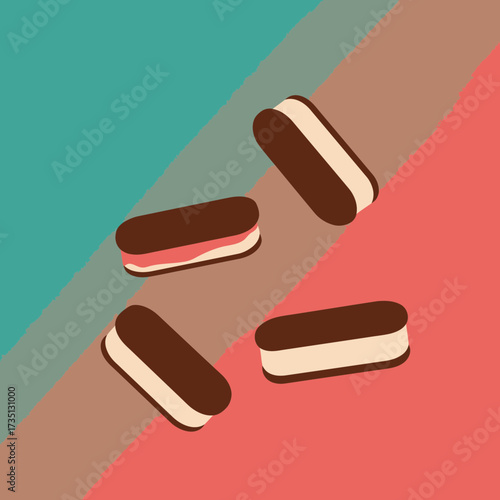 Delicious chocolate-coated ice cream sandwich bar isolated on red background – refreshing summer frozen dessert treat