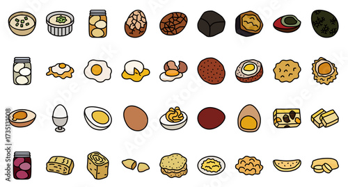 A collection of assorted egg dish icons in a flat colored style with bold black outlines.﻿

