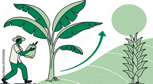 Cultivating Promise: A vibrant illustration depicts a farmer nurturing a young banana plant, representing growth and the cycles of nature.