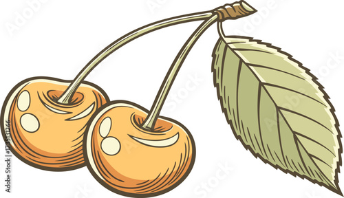 Golden Cherries' Charm: Vibrant vector illustration of two ripe, golden cherries on a stem with a verdant leaf, ripe for the picking. A symbol of freshness and culinary delight.