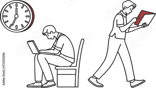 Daily Routine: A depiction of two individuals engaged in their daily routines, one seated and the other standing, their actions marked by precision and a sense of routine.