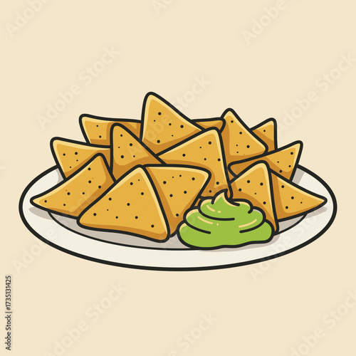 Plate full of crunchy tortilla nachos with cheese illustration