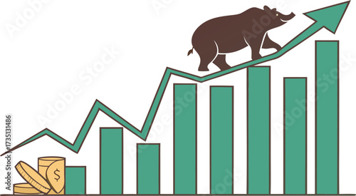 Bull Market Climb: A visual representation of the bull market trend, with a determined bull climbing atop ascending financial bars, coins at the base. Depicting an optimistic outlook