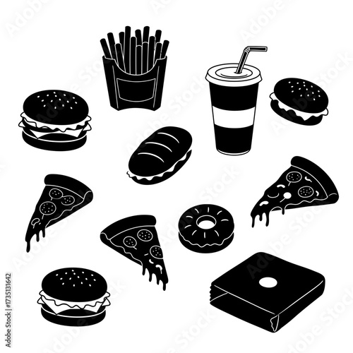 Fast food collection with burger fries pizza donut and soda black and white illustration