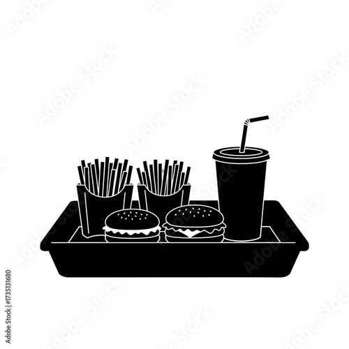 Fast food box with burger fries and soft drink combo meal illustration