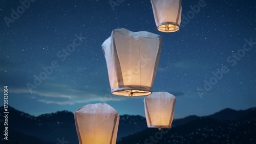 Several white sky lanterns float upwards into a dark blue night sky filled with stars, mountains in the background.
