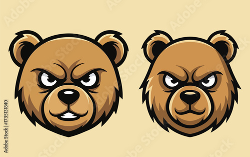 Two stylized bear head illustrations with intense determined expressions and fierce eyes.