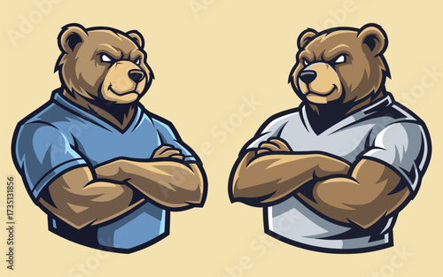 Bear Mascots with Arms Crossed Sporting Different Colored Shirts.