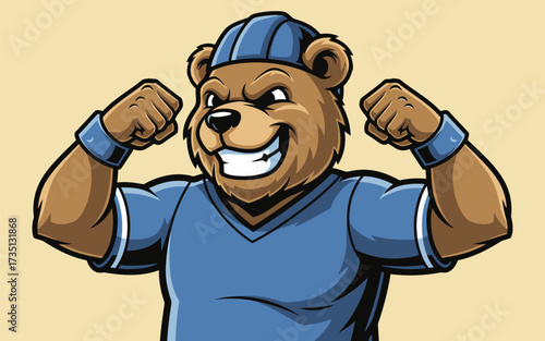 Cartoon Bear Mascot with Blue Baseball Cap and Flexing Arms.