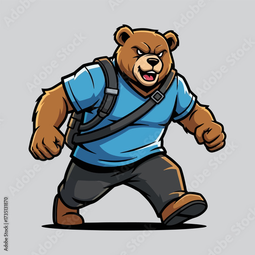 Cartoon Bear Mascot with Blue Shirt and Satchel Walking Forward.