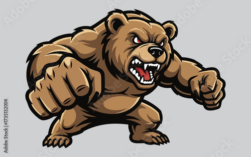Ferocious Grizzly Bear Mascot with Clenched Fists and Angry Expression.