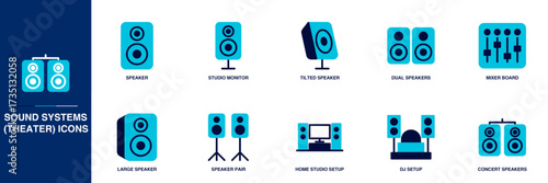Sound Systems (Theater) Blue Colored Outline Icon Set