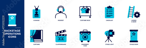Backstage Operations Blue Colored Outline Icon Set