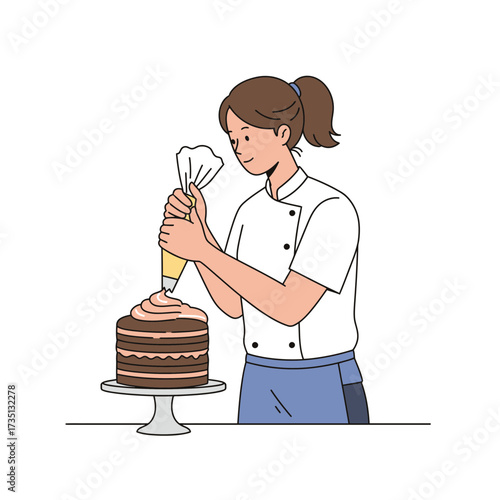 Female baker decorating cake with cream frosting in bakery shop illustration