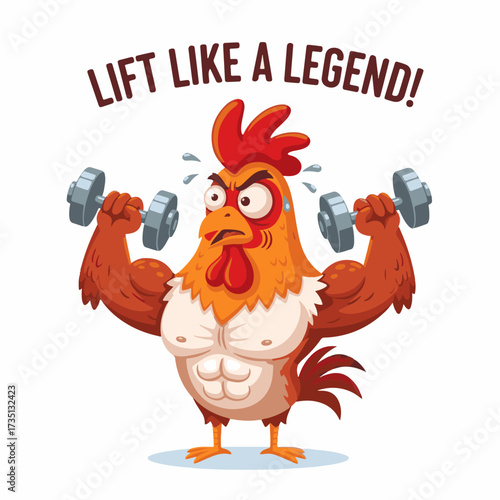 2D flat vector illustration of a gilpy cartoon rooster lifting a pair of dumbbells with tiny wings, face strained comically with sweat drops