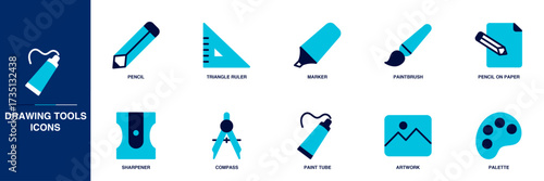 Drawing Tools Blue Colored Outline Icon Set