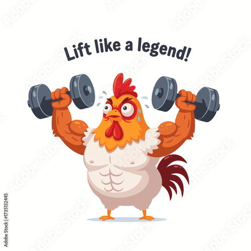 2D flat vector illustration of a gilpy cartoon rooster lifting a pair of dumbbells with tiny wings, face strained comically with sweat drops