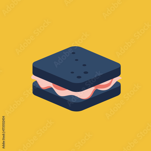 Creative sandwich with dark bread and ham isolated on yellow background