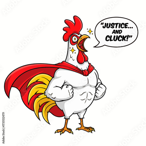 Gilpy-style rooster, 2D flat vector, chest puffed out heroically, wearing oversized flowing cape, beak open shouting bravely