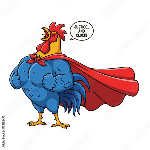 Gilpy-style rooster, 2D flat vector, chest puffed out heroically, wearing oversized flowing cape, beak open shouting bravely