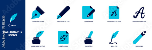 Calligraphy Blue Colored Outline Icon Set