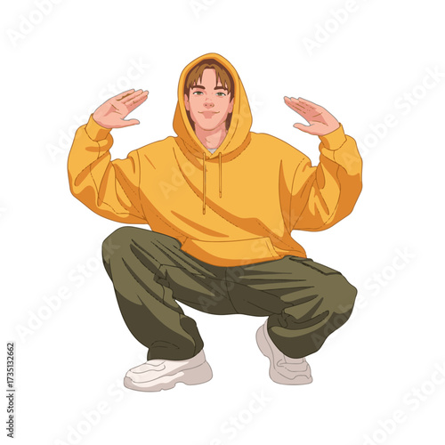 2D flat vector illustration of a gilpy teenage boy in oversized streetwear squatting low to the ground, bouncing to the rhythm with both elbows bent outward