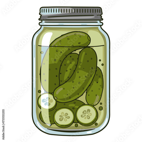 Glass jar full of pickles – homemade preserved cucumber illustration