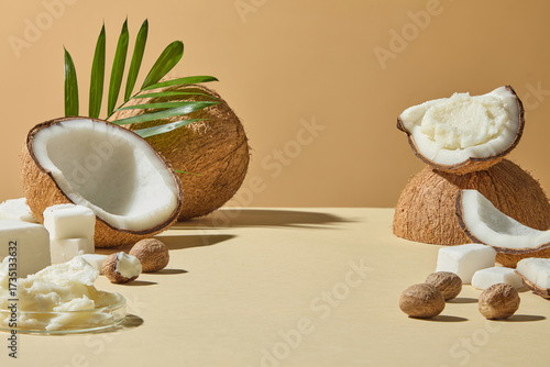 Canvas Print Still life featuring coconuts, shea butter, and palm leaf arranged minimal, styled for wellness, spa, beauty, and skincare advertising with tropical organic vibe