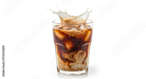 Dynamic splash of cream pouring into a refreshing glass of cold brew iced coffee with ice cubes, isolated on a clean white background for a summer beverage menu.