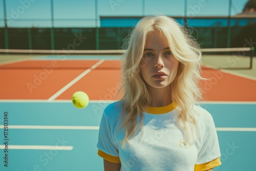 A beautiful female model on a colorful tennis court. AI-generated.