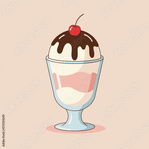 Ice cream sundae with whipped cream and cherry topping – delicious dessert illustration