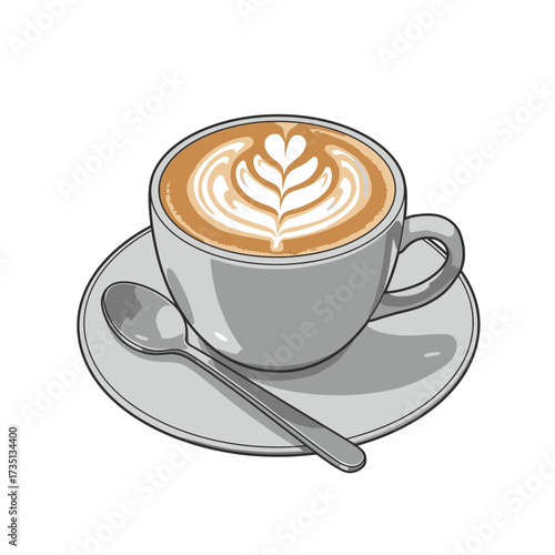 Elegant cappuccino with latte art foam in silver cup – stylish café drink illustration