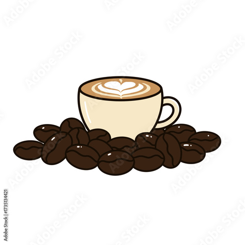 Coffee beans with hot cappuccino cup – roasted espresso background illustration for café culture