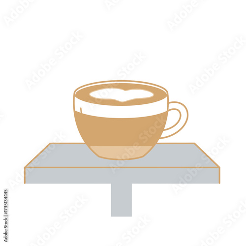 Freshly brewed latte art coffee cup on table – modern trendy hot beverage illustration for café menu