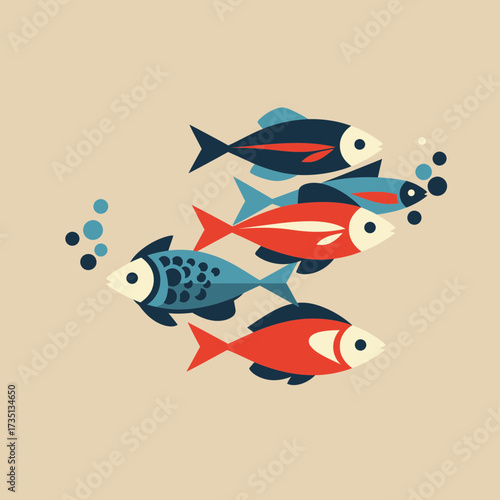 Colorful sardine fish group illustration for seafood restaurant menu, fishing culture, and ocean wildlife stock design
