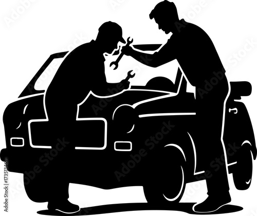Car mechanic in action full body with engraving style black color only 