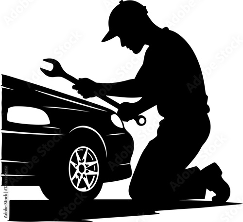 Car mechanic in action full body with engraving style black color only 