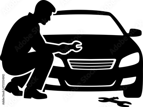 Car mechanic in action full body with engraving style black color only 