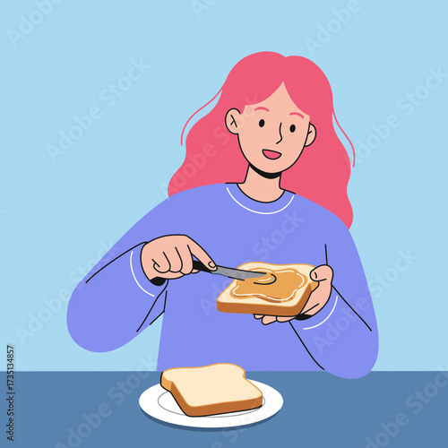 Woman Spreading Butter on Toast Cartoon Illustration of Breakfast and Morning Food Preparation Concept