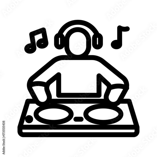 DJ With Music Notes Line Icon of DJing and Turntables Icon Set