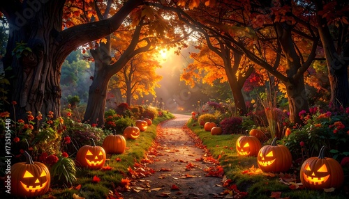 Enchanting Autumn Pathway Lined with Glowing Jack-o'-Lanterns Amidst Fiery Foliage