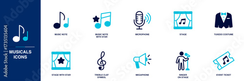 Musicals Blue Colored Outline Icon Set