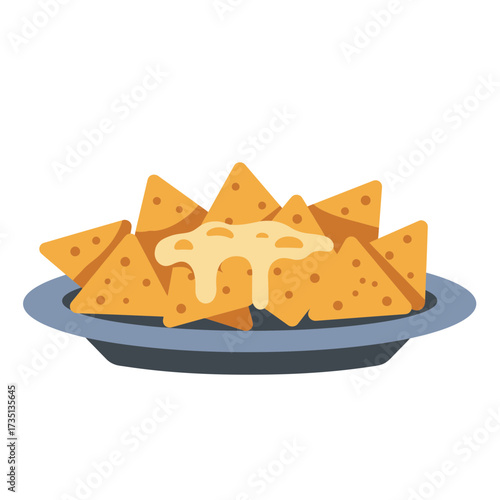 Plate of cheesy nachos illustration perfect for menu design, snack shop branding, and food advertisement projects