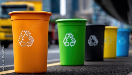 Colorful Recycling Bins in a Row on City Street, Symbolizing Environmental Awareness and Corporate Social Responsibility Initiatives : Generative AI