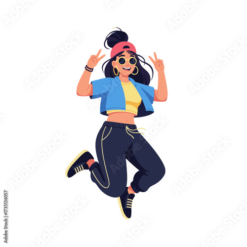 2D flat vector illustration of a gilpy teenage girl in streetwear crop top and jogger pants, jumping mid-air with a big cheerful smile, making a peace sign with both hands